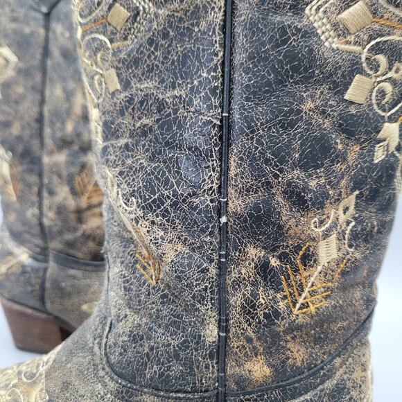 Corral Circle G Women's Black Crackle/Bone Embroidery Snip Toe Leather Boots 9M - Picture 5 of 16